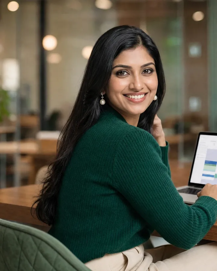 Simran works on a laptop at a co working table, reviewing a calendar of dental appointments.