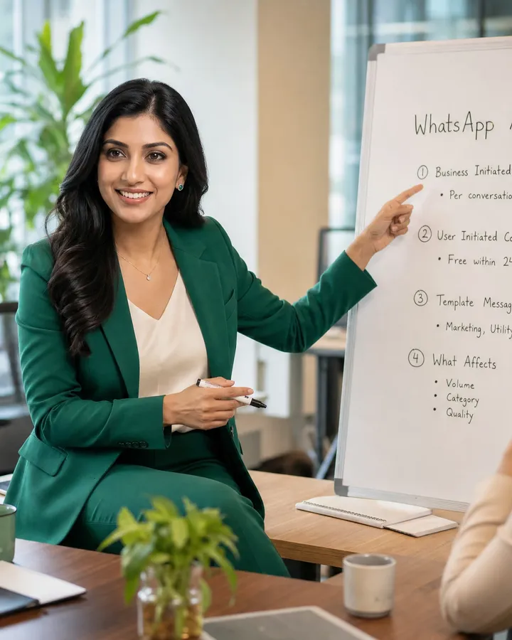 Simran explains WhatsApp API pricing to clinic managers at a co working space.