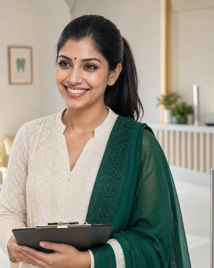Simran welcomes a patient at the entrance of a sunlit dental clinic, clipboard in hand.