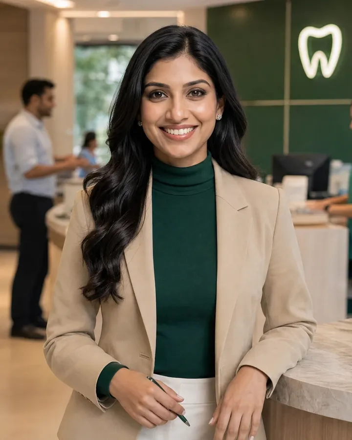 Simran at a dental clinic reception, smiling warmly at the camera, ready to assist patients on WhatsApp.