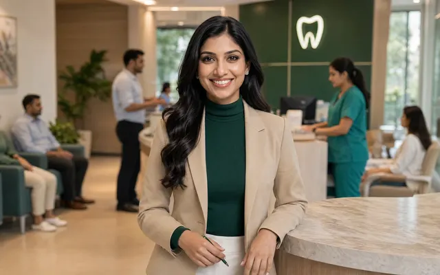 Simran at a dental clinic reception, smiling warmly at the camera, ready to assist patients on WhatsApp.
