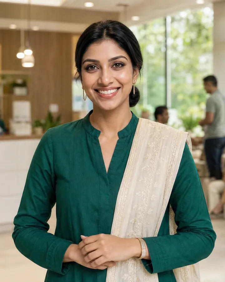 Simran at a clinic entrance, smiling at the camera with patients in the background.