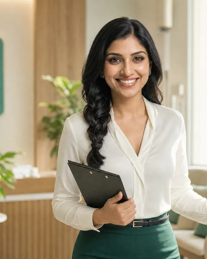 Simran welcomes a patient at the entrance of a sunlit dental clinic, clipboard in hand.