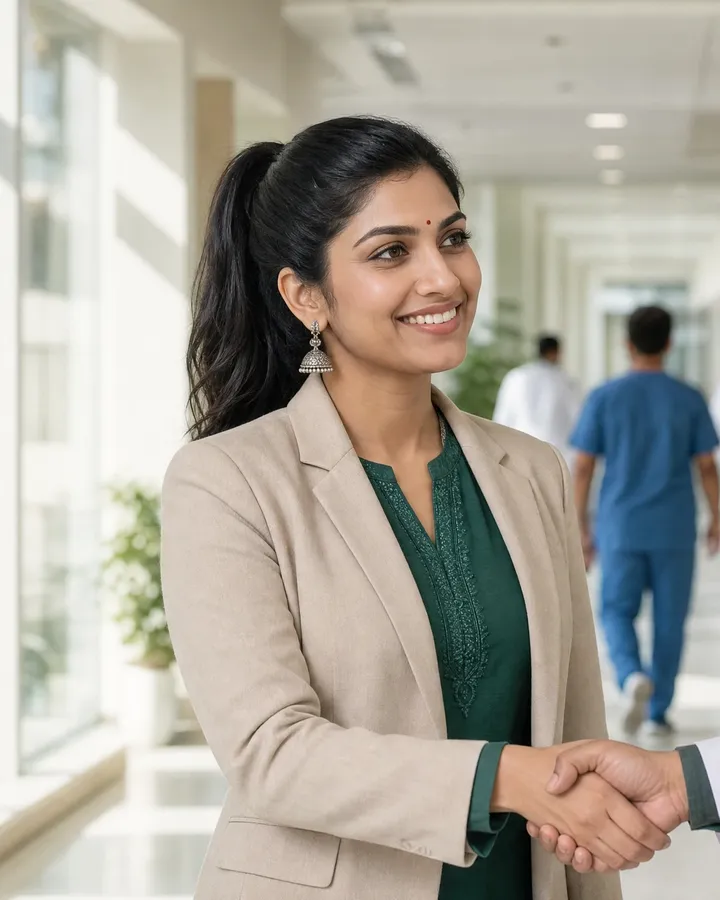 Simran shaking hands with a doctor in a hospital corridor, both smiling.