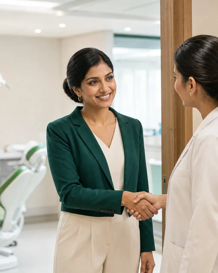 Simran greeting a dentist with a handshake at the clinic, discussing appointments together.