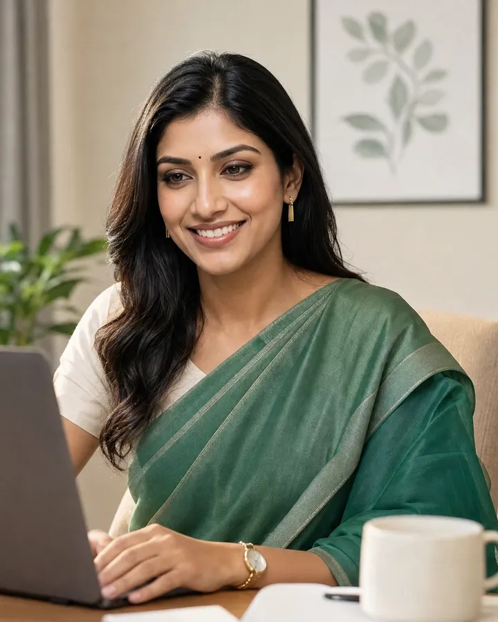 Simran working at a home office desk, focused on her laptop managing dental clinic bookings.