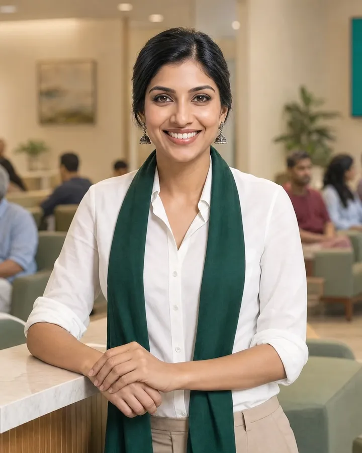 Simran at the clinic reception counter, ready to reply to patient WhatsApp messages.