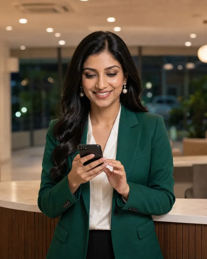 woman in green blazer standing at a clinic reception desk using a smartphone