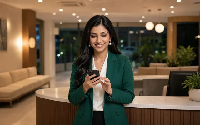 woman in green blazer standing at a clinic reception desk using a smartphone