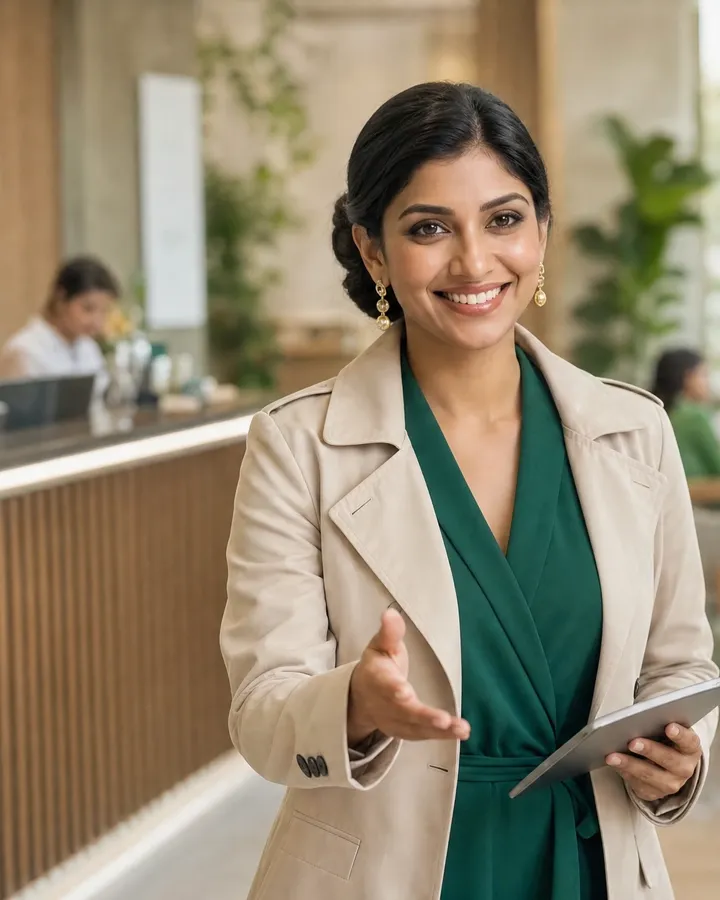 Simran at a clinic entrance, holding a tablet and greeting a patient in the afternoon.