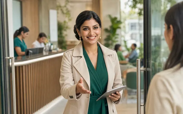 Simran at a clinic entrance, holding a tablet and greeting a patient in the afternoon.