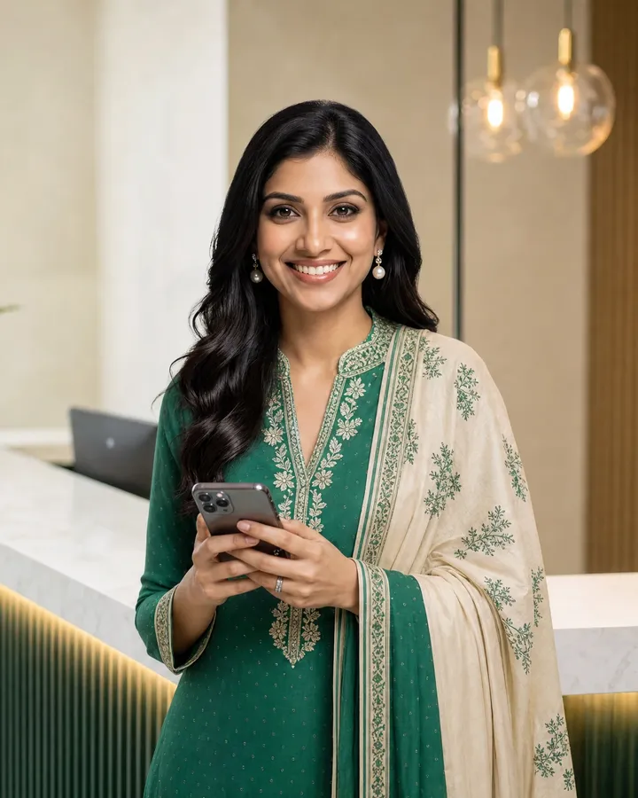 Simran at clinic reception replying to a patient’s WhatsApp message