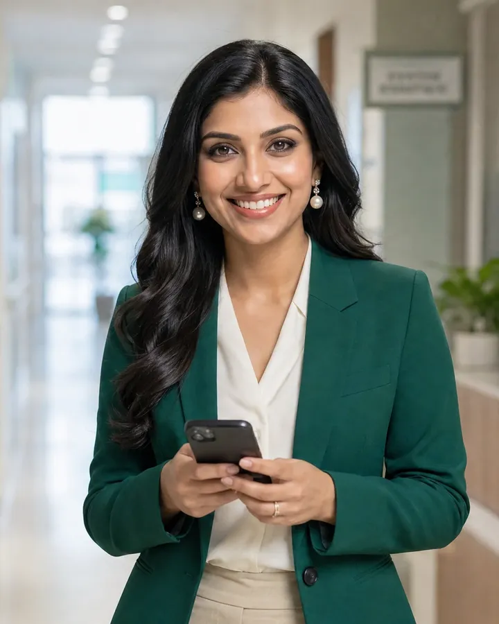 Simran in a hospital corridor checking WhatsApp appointment requests on her phone
