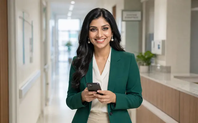 Simran in a hospital corridor checking WhatsApp appointment requests on her phone