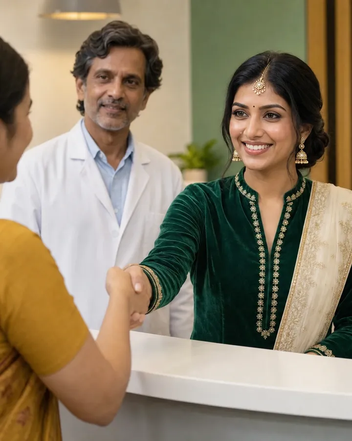 Simran shakes hands with a patient at the clinic reception, looking at the patient with a reassuring smile.