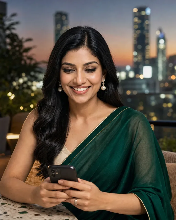 Simran at a rooftop cafe managing clinic bookings on WhatsApp