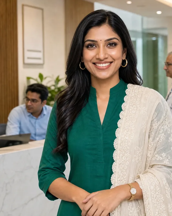 Simran at a clinic entrance, smiling at the camera with a welcoming expression.