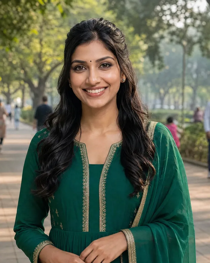 Simran stands in a city park, smiling warmly at the camera, ready to help clinics with WhatsApp replies.