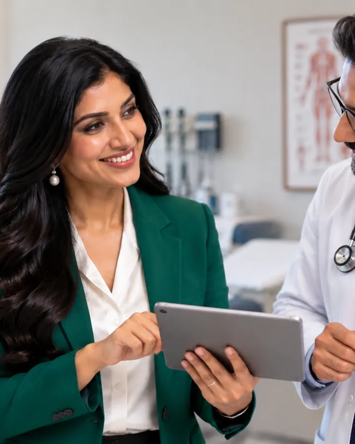woman in green blazer and man in white coat with stethoscope discussing over a tablet in a clinic